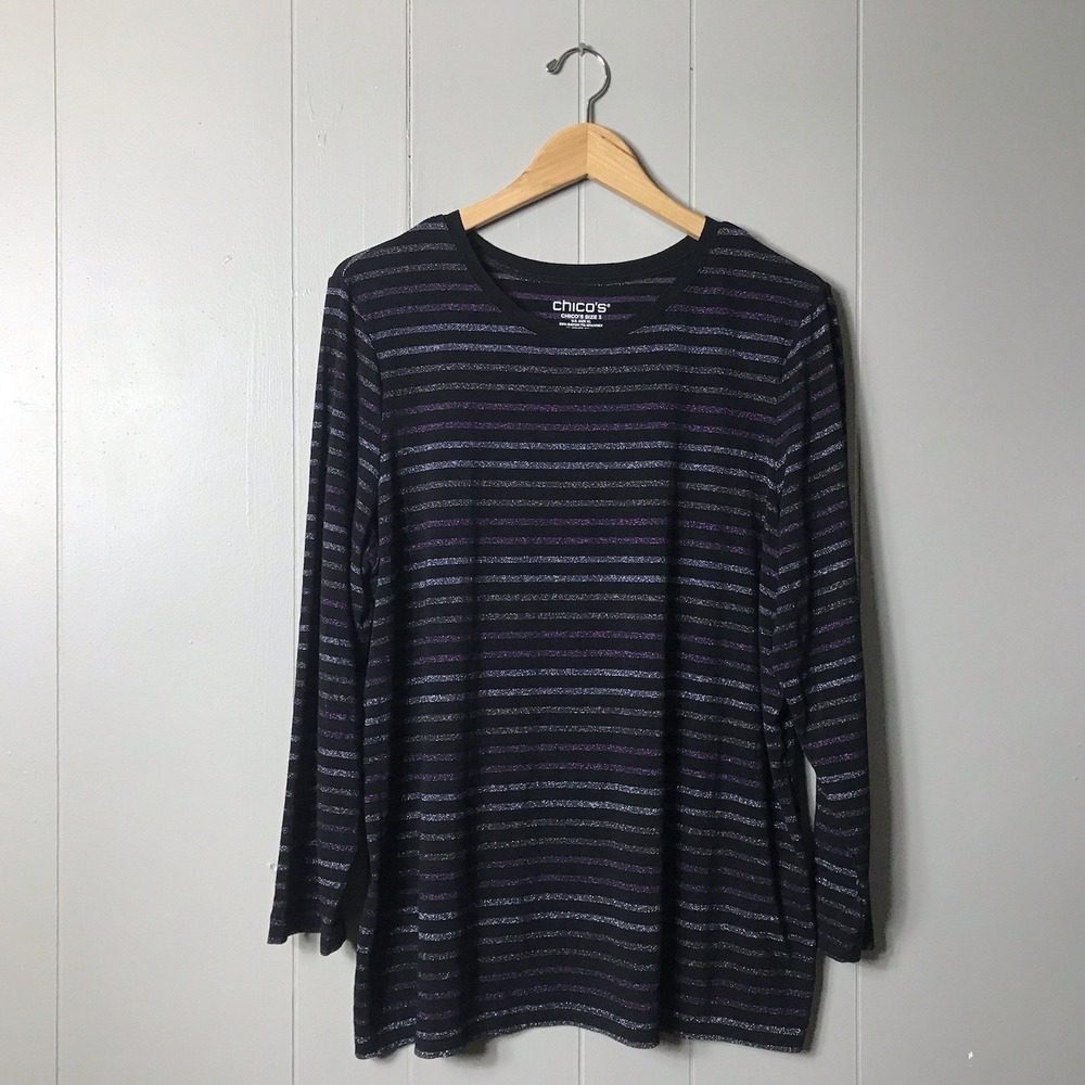 CHICO'S BLACK METALLIC PURPLE SILVER STRIPED LONG SLEEVE SHIRT WOMENS SIZE 3/XL